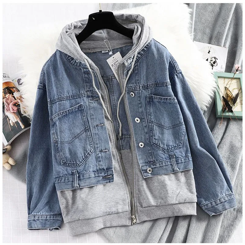 Black Fake Two-Piece Denim Jacket Female 2025 Spring And Autumn New Women\'s Coat Loose Hooded Jacket Temperament Top