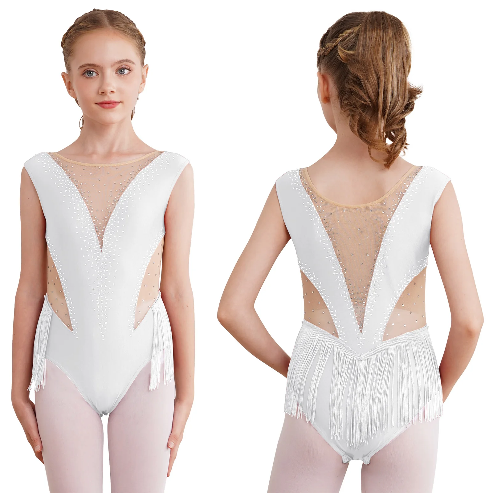 Kinder Mädchen Latin Dance Trikot Eiskunstlauf Performance Kostüm glänzende Strass Fransen Tanz kleidung transparente Mesh Quaste Bodysuit