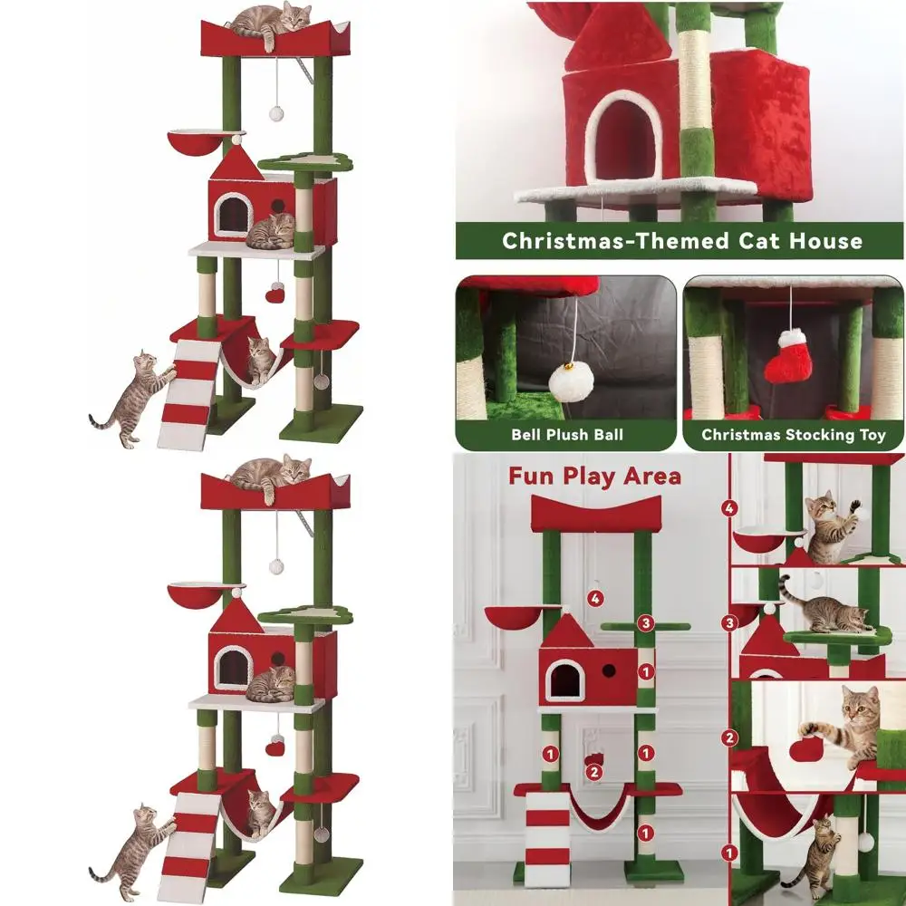 

63 High-End Christmas-Themed Cat Tree: Durable Modern Cat Condo with Scratching Post and Hammock for Large Breeds