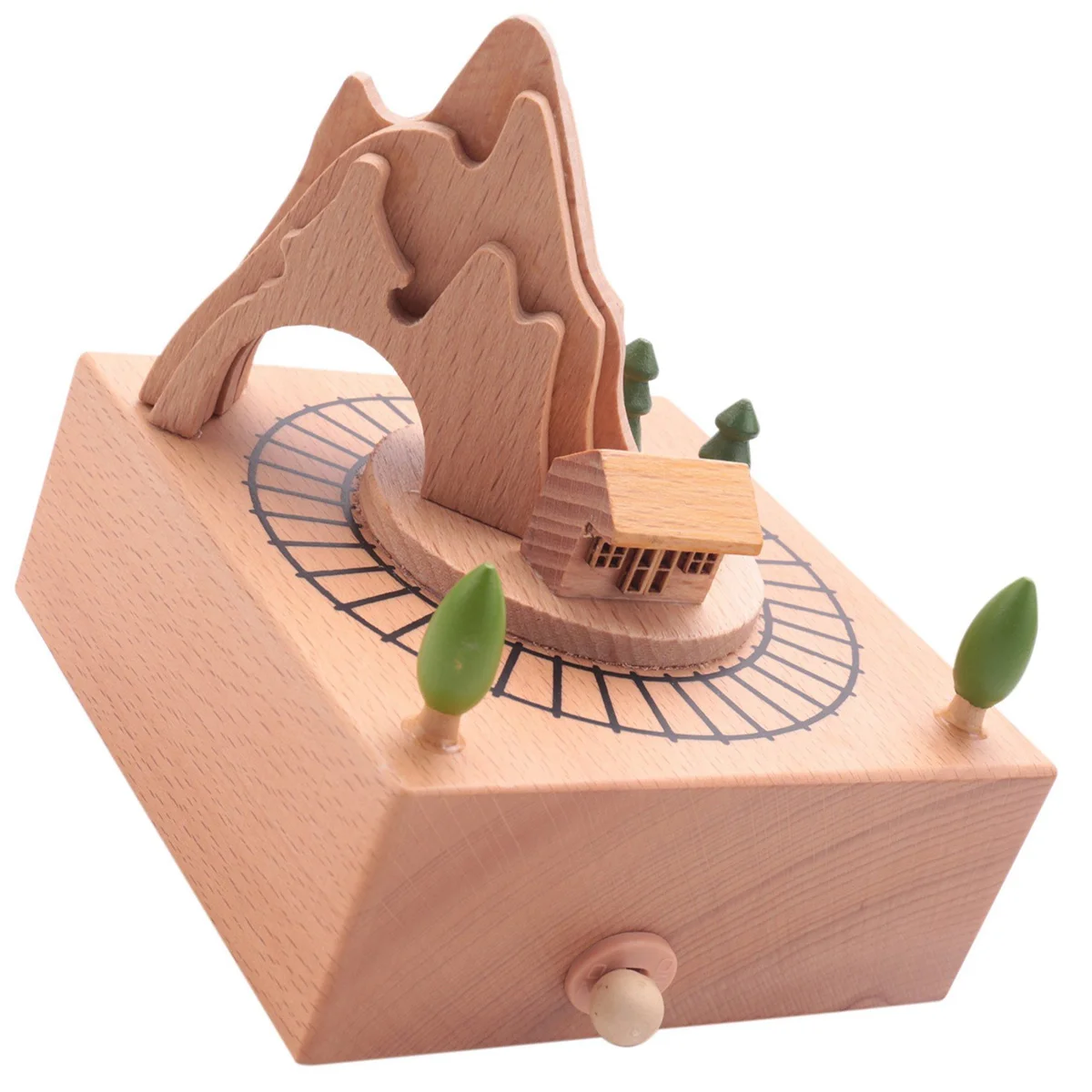 Wooden Musical Box Featuring Mountain Tunnel With Small Moving Magnetic Train Plays B20