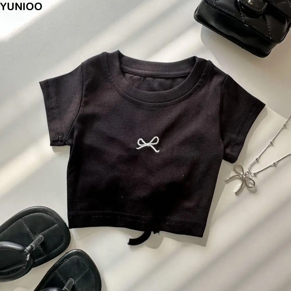 

Temperament Lace Up Teens Bow T-shirts Korean Style Short Sleeve Slim Crop Top Summer Sweet Girl's Top Party