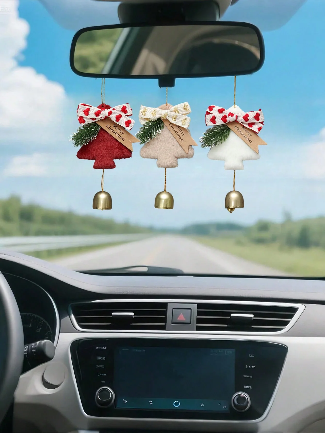 قطعة واحدة من زينة سيارة عيد الميلاد، شجرة قطيفة مع جرس ذهبي وفيونكة، ديكور معلق للعطلات للرؤية الخلفية للسيارة/المنزل/الباب/الحفلة، مثالي لعيد الميلاد G