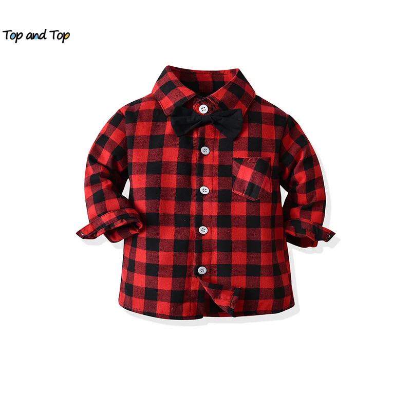 top and top Autumn Winter Toddler Boys Plaid Gentleman Shirts Tops Kids Boy Long Sleeve Bowtie Lapel Blouse Children Costume