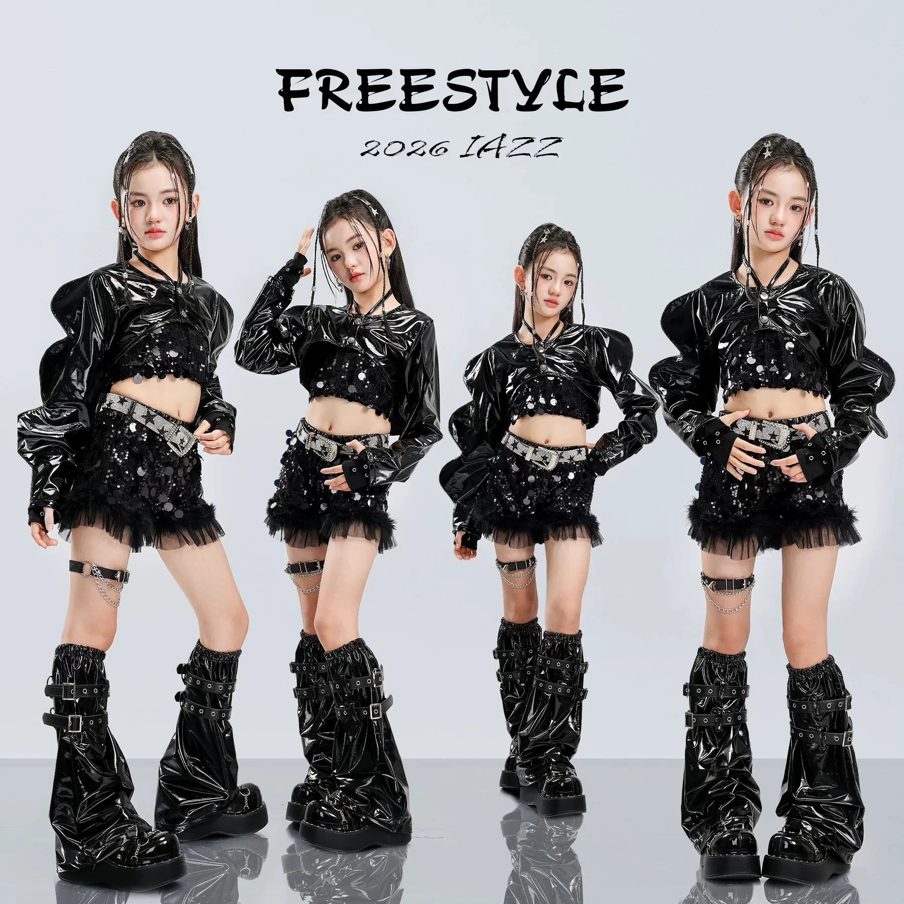 2026 Black Sequin Kpop Outfits For Girls Jazz Dance Performance Stage Costumes Children Fashion Show Hip Hop Clothing DQS24649