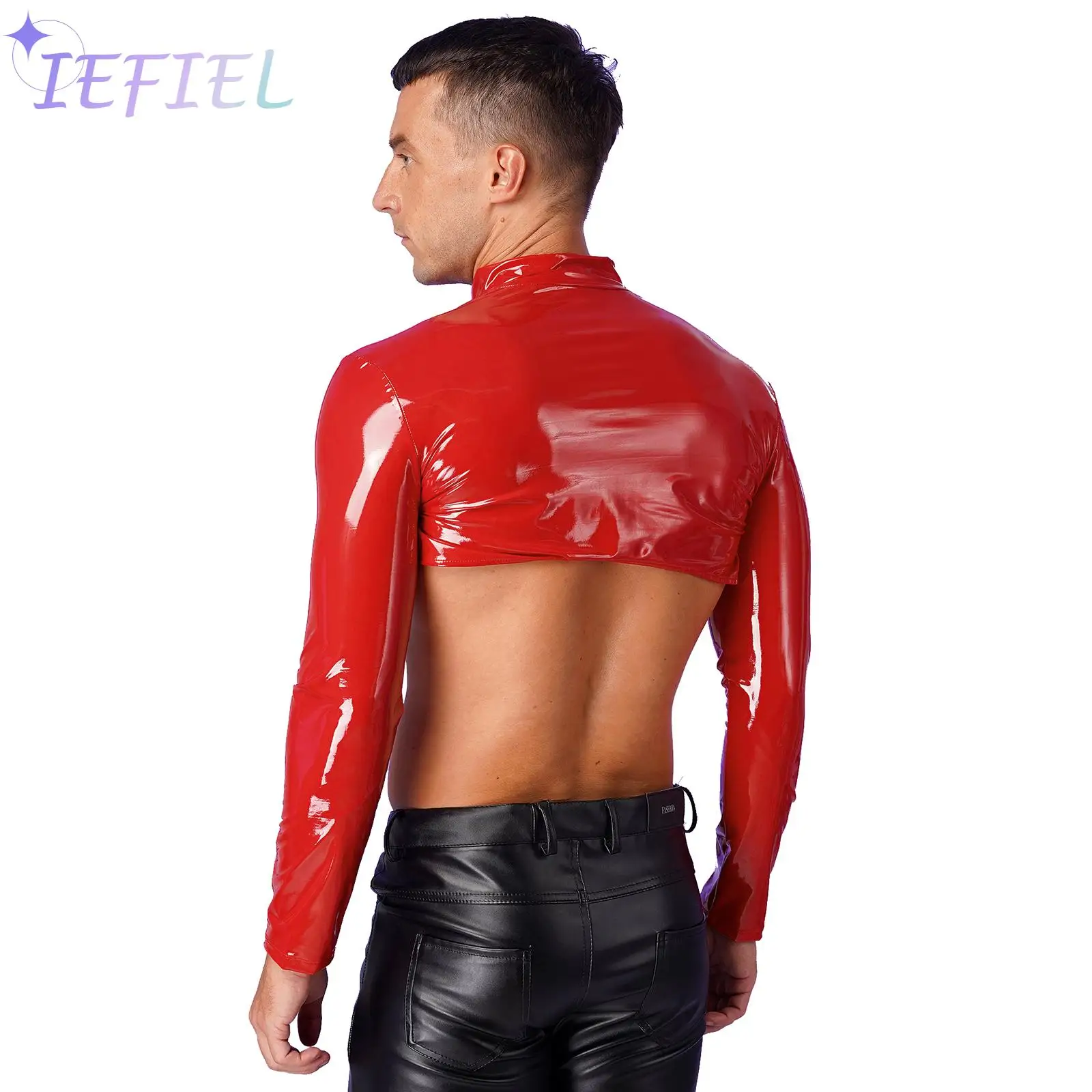 Men PVC Latex Leather Bolero Shrug Arm Sleeves Moto Biker Half Tank Top Muscle Shirt Performance Clubwear with Front Zipper