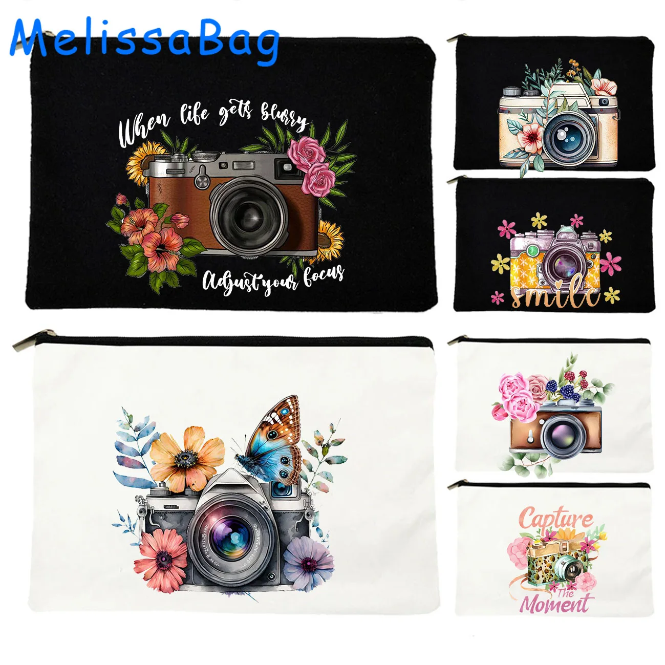 Fashion Cute Floral Camera Girl Butterfly Sunflower Gifts Flower Canvas Cosmetic Bags Makeup Toilet Bag Pencil Case Zipper Pouch