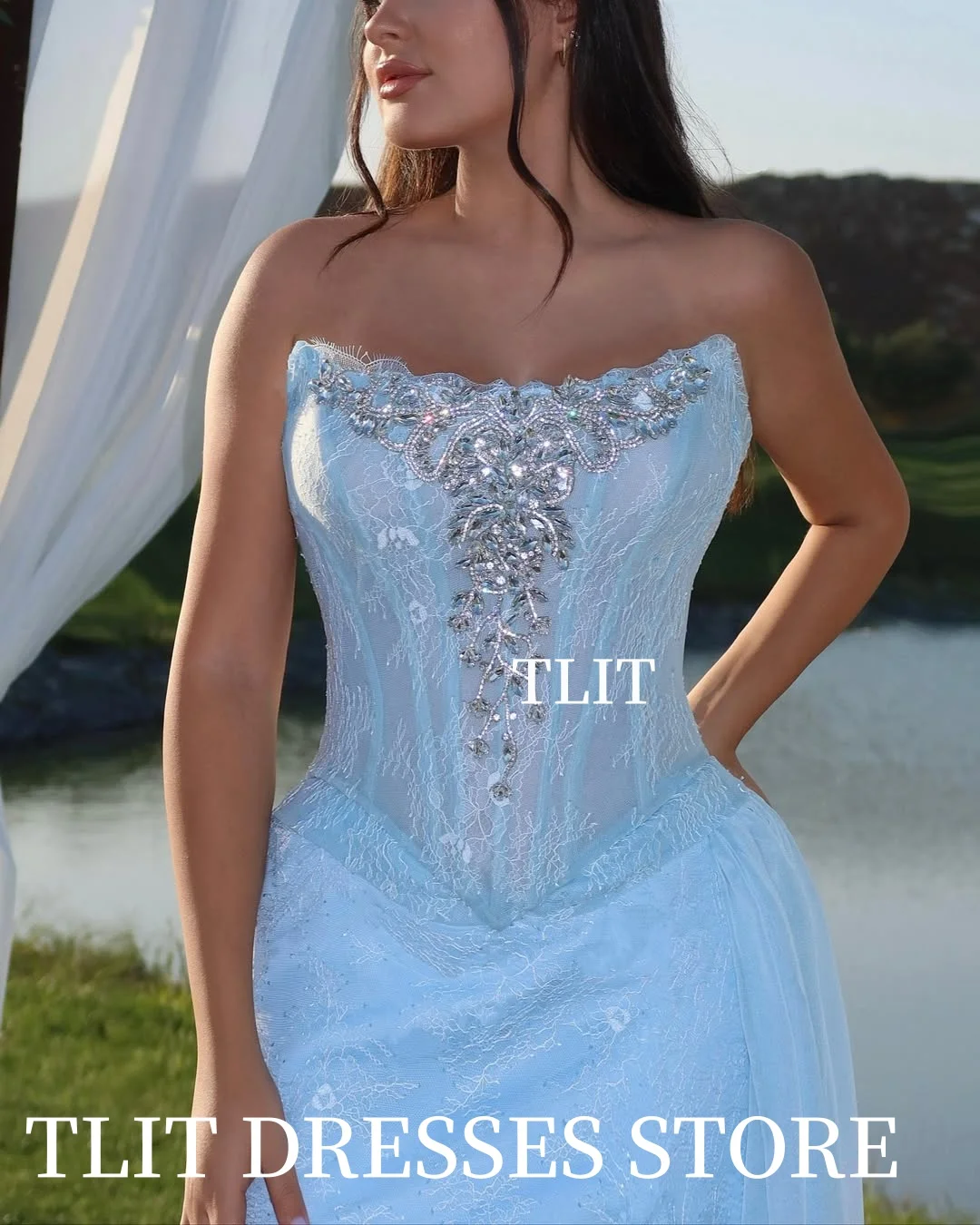 TLIT Elegant Blue Lace Mermaid Evening Gown Dresses Strapless Crystals High Side Split Prom Gowns Customized Formal Party