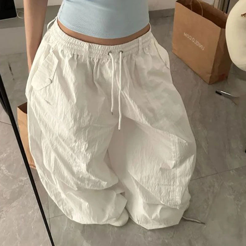 سريعة الجافة تنفس بنطال ذو قصة أرجل واسعة النساء الأبيض الجاز الهيب هوب السراويل الأمريكية فضفاضة كسول Harajuku Y2K بناطيل الشارع غير رسمية
