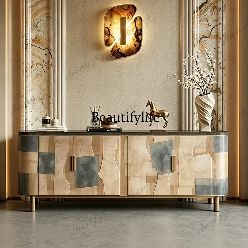 03 Italian light luxury dining side cabinet household living room wall storage cabinet modern art color matching door cabinet