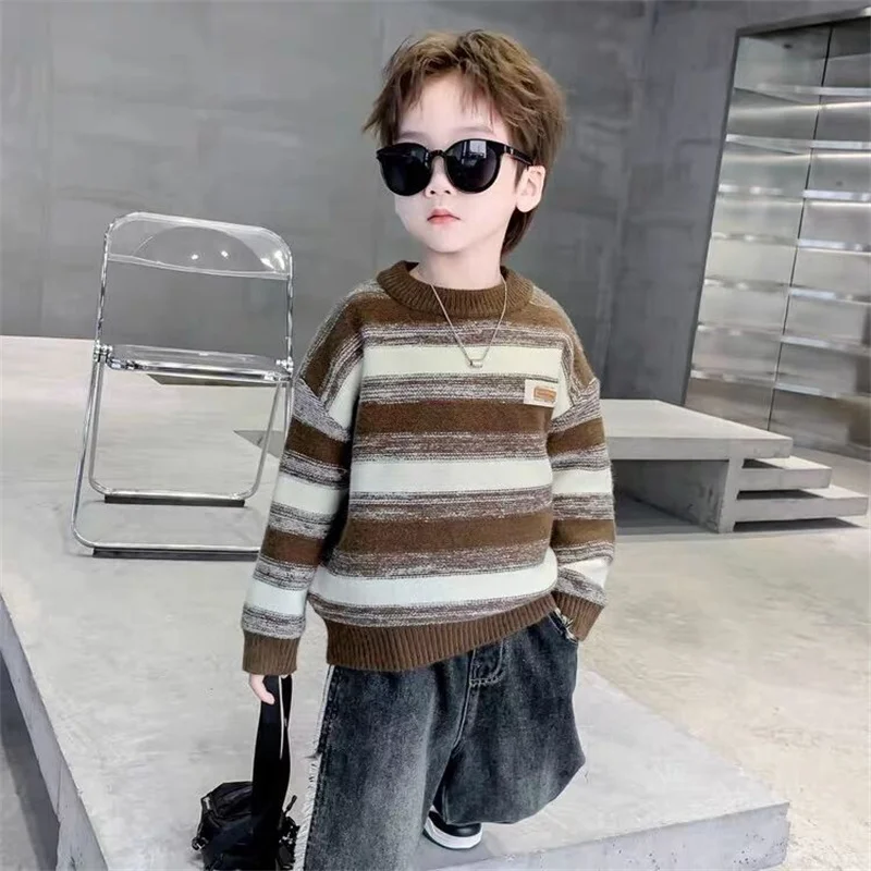 

Boys Woolen Sweater Crochet Cotton Windbreak 2024 Cute Plus Thicken Autumn Winter Outwear School Warm Children's Clothing