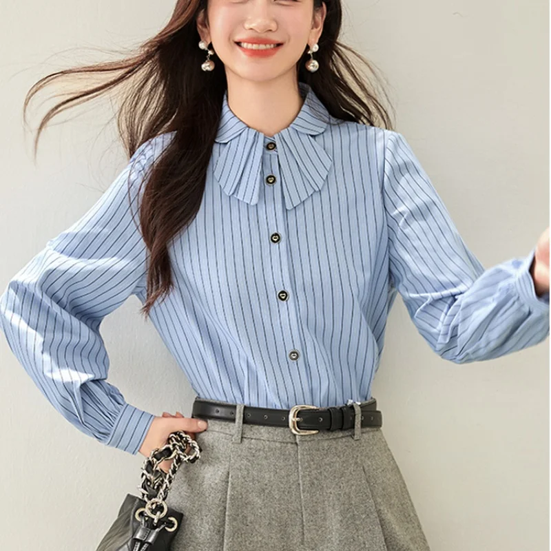 

French Blue Striped Long Sleeved Shirt For Women Autumn New Elegant Lapel Collar Single Breasted Blouse Female Casual Tops
