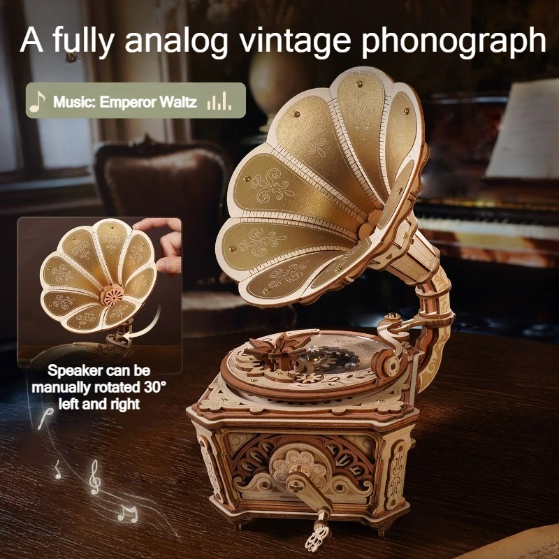 3D Wooden Assembly Model Retro Gramophone DIY Birthday Gifts, 3D Puzzles, Creative Ornaments Phonograph