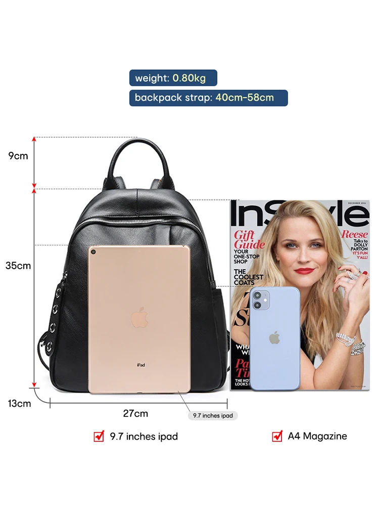 Imagem -03 - Mochila Anti-roubo Zency para Mulheres 100 Couro Genuíno Bolsa de Escola Preta Clássica para Meninas Bolsa de Viagem Casual Diária Mochila