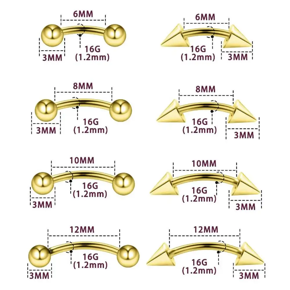 1/16Pcs Set Eyebrow Rings Piercing Jewelry Stainless Steel Curved Barbell Vertical Labret Lip Ear Rook Replacement Balls 3mm