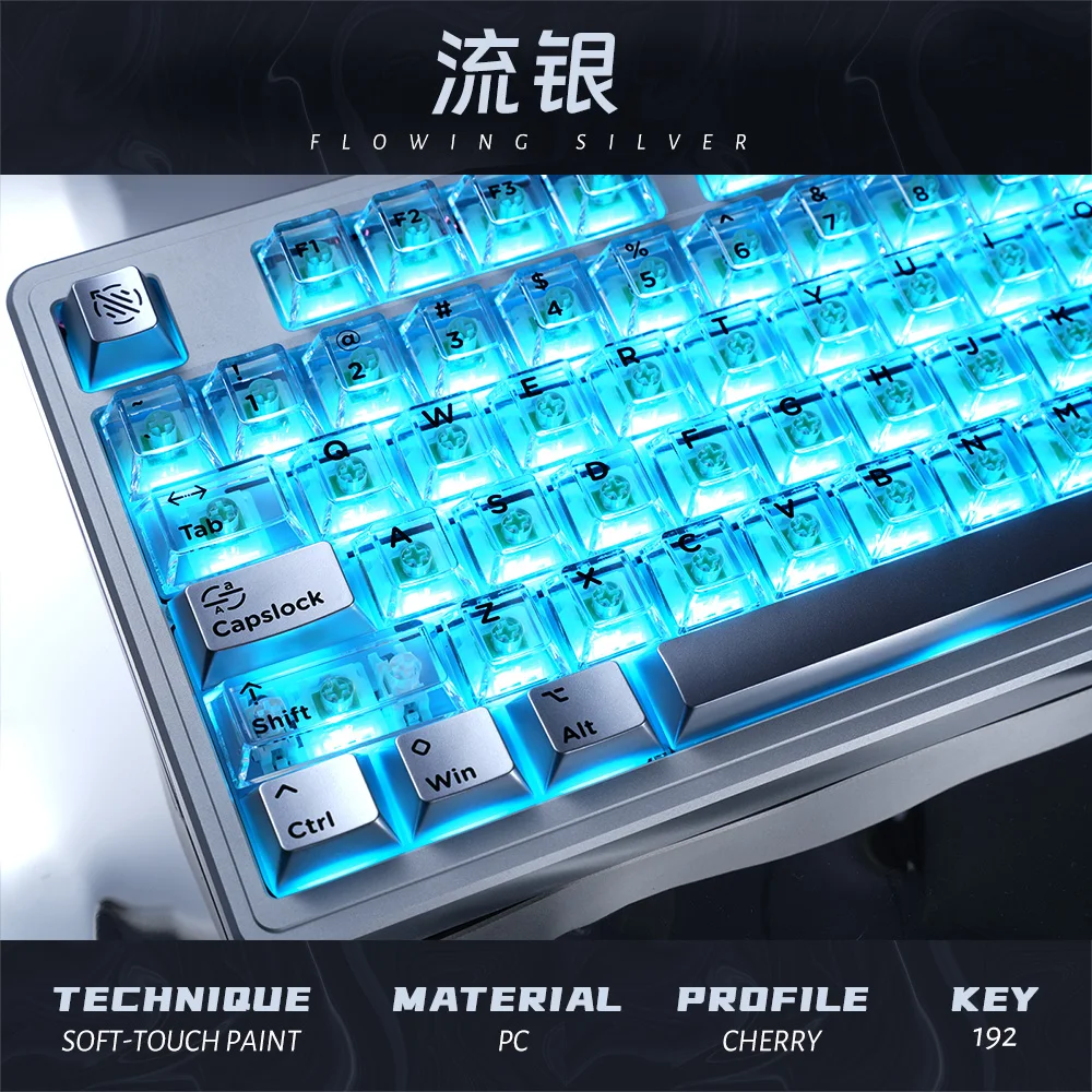 White and Silver PC Translucent Keycaps, 192 Keys Cherry Profile Flowing Silver Theme Keycaps for MX Switch Mechanical Keyboards