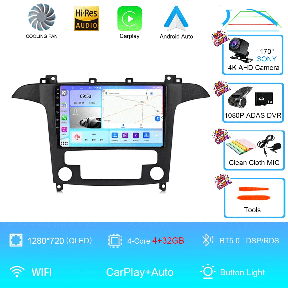 Android 16 voor Ford S-Max S-MAX 2007 2008 2009 2010 2011 - 2015 Videospeler Carplay Auto Multimedia Autoradio WIFI+4G DSP Stereo
