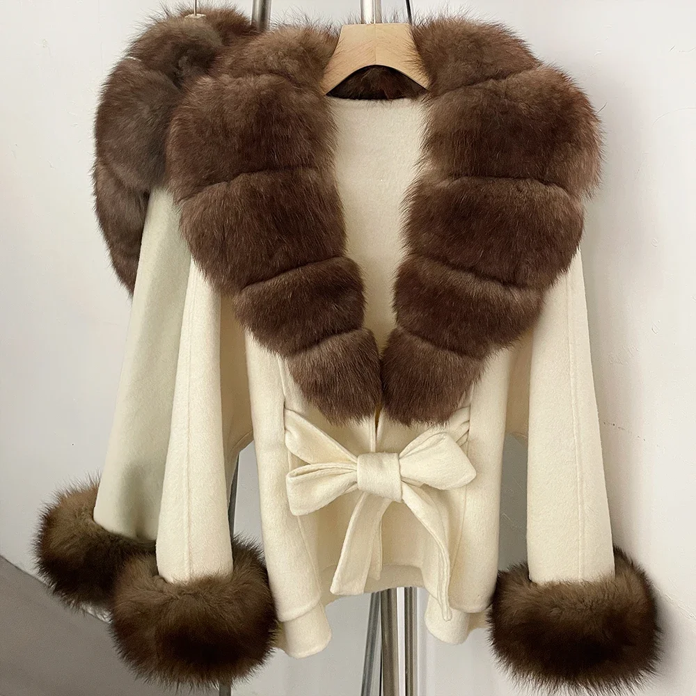 OFTBUY Luxuriöser Echtfuchs-Pelzkragen Wollmantel für Damen Neue Herbst-Winter-Kleidung mit Natürlichem Pelzgürtel 100% Wollmantel für Frauen – Detail 34