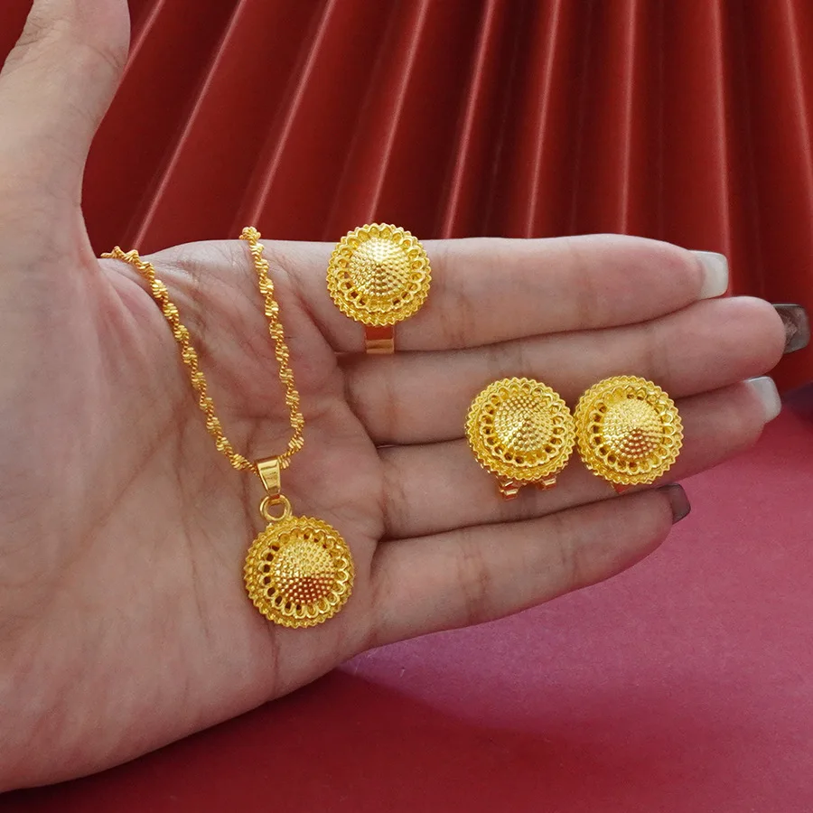 

9999 gold Middle East style conical design necklace pendant earrings ring set of jewelry