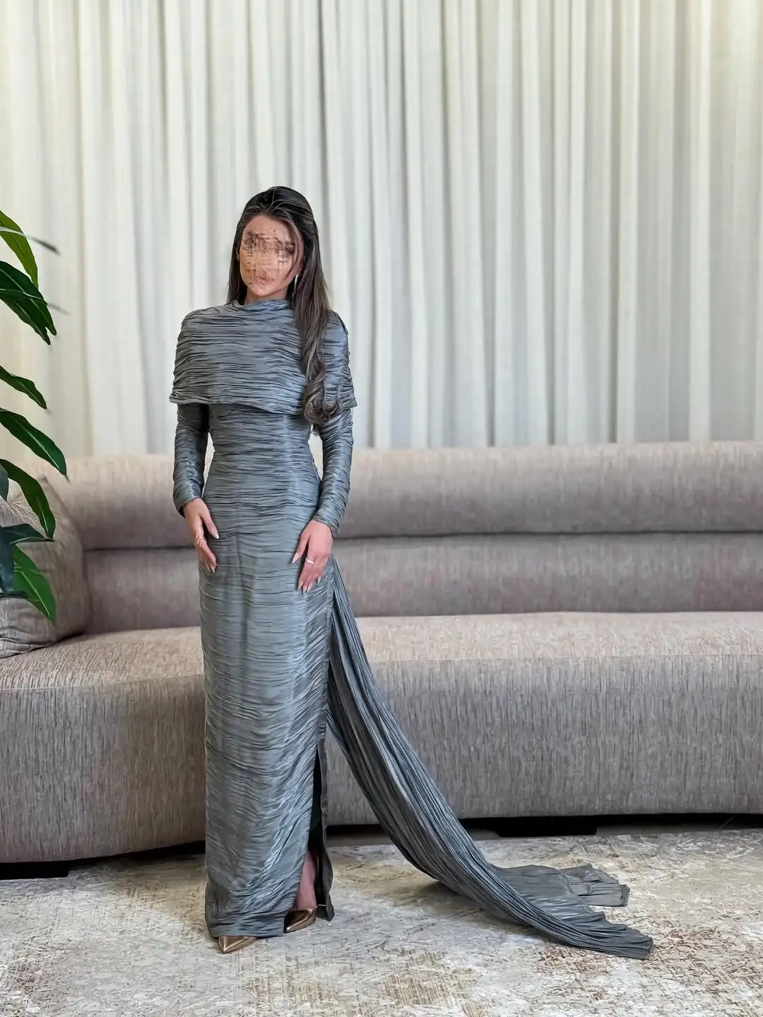 OIMG Moderno Collo Alto Sirena Abiti da ballo Maniche Lunghe Pieghettato Abito da Festa Lunghezza Del Pavimento con Coda Abito da Sera 2025 Personalizzato