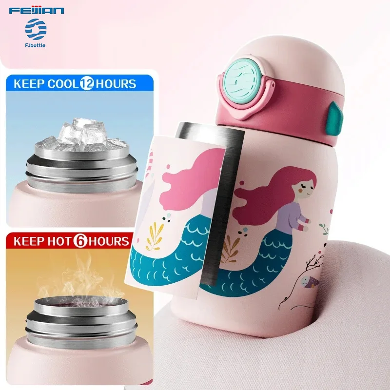 

Fjbottle Kids Insulated Bottles 400ml Stainless Steel Cartoon Thermos Cup with Straw＆bag Hot Cold Straw Cup Sports Water Bottle