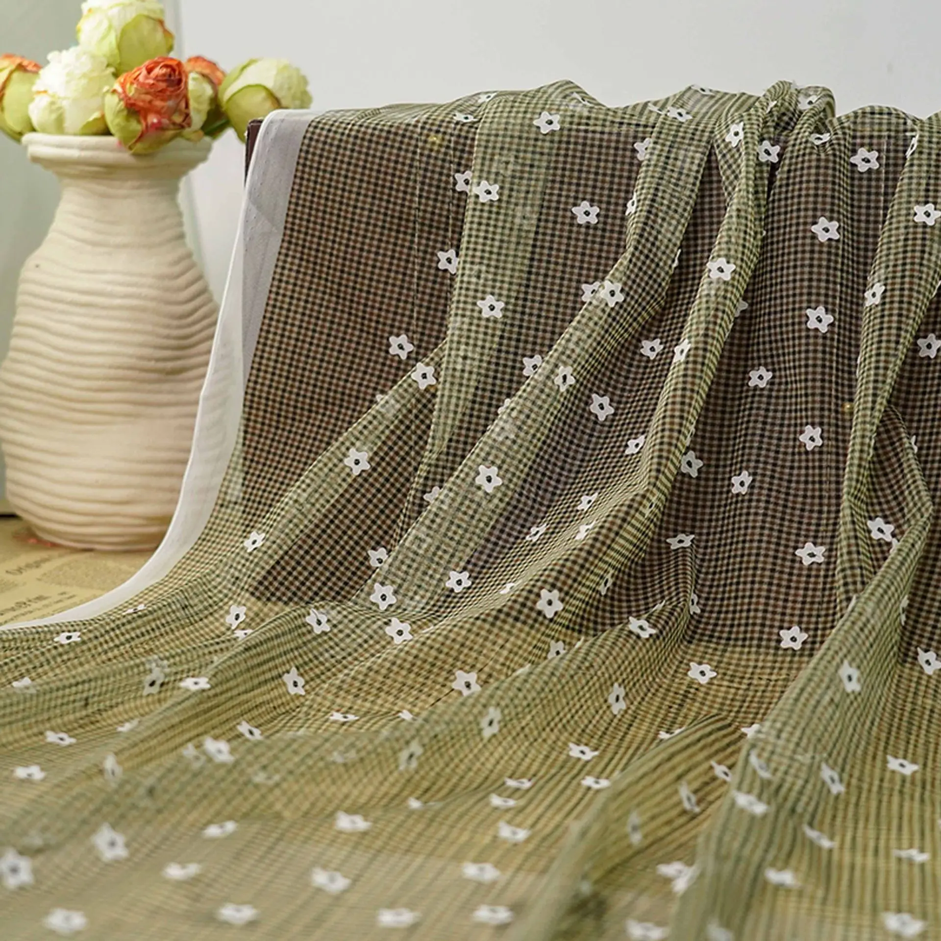 

Retro yellow-green plaid base fabric with 3D embroidered floral design for dresses, shirts, and accessory decorative fabric