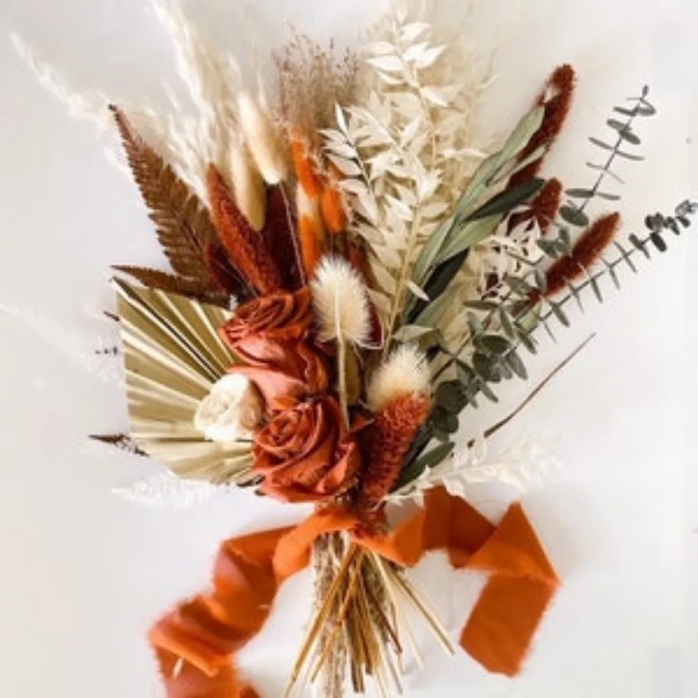 Dried Flowers,Small Olive,Rust Pampas Grass Bouquet, Bride and Bridesmaids,Wedding Flowers