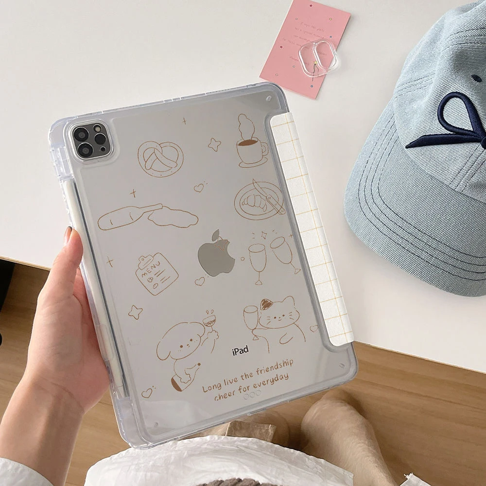 Korean Ins Line Drawing Cat Wine Glass Cover For iPad Pro 13 11th M5 M4 12.9 A16 10 8 7 9th 10th Air 11 M2 M3 Mini Tablet Case
