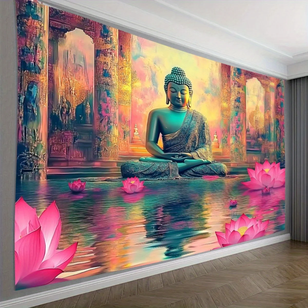 Tapisserie Murale Bouddha Lotus Pond : Espace de Méditation Sereine pour Studio de Yoga, Rétirant Spirituel, Pratique de Pleine Conscience, Paix d'Esprit