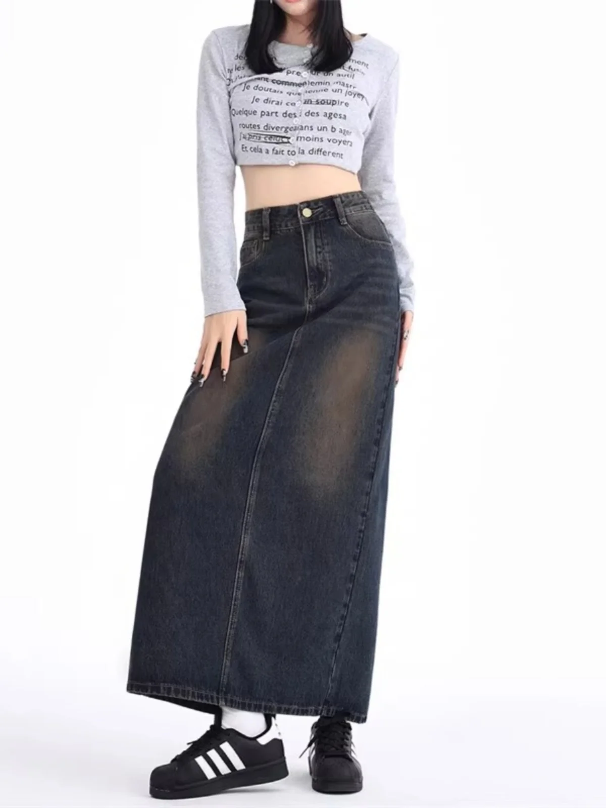 Retro High Waist Slit Workwear Denim  Midi Skirt Women Spring New Style Slimming Small Size mid Length Skirts