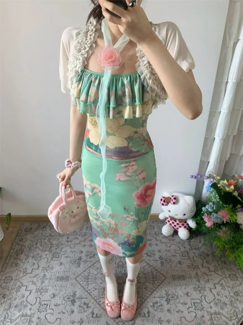 Set da donna con gonna a scialle a vita alta con canotta floreale verde orientale, abito elegante estivo vintage, vendita calda, abbigliamento quotidiano Wabi Sabi