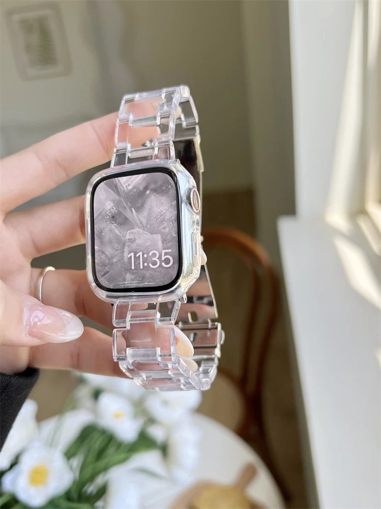 Koreańska plastikowa przezroczysta opaska z żywicy do Apple Watch Ultra 49mm 7 8 41 45mm 40 38mm 42 44mm dziewczęca bransoletka pasek do iWatch 6 SE 5 4 3