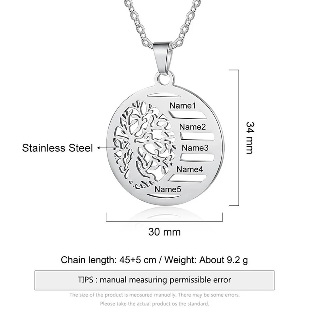 Personalized Tree of Life Necklace for Men Custom Engraved 1-5 Name Chokers Stainless Steel Blank Pendant Jewelry Gift Wholesale