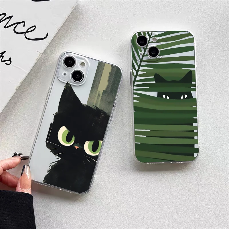 Retro Banana Leaf Plant Cute Cat Clear Phone Case For iPhone 13 14 Pro Max XS XR X 12 11 Pro Max 13 12 Mini 7 8 Plus Back Covers