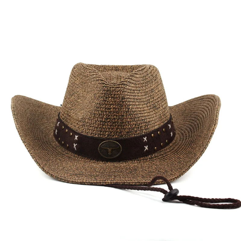 Factory-made European And American Western Cowboy Straw Hat, Outdoor Sun Hat, Curved Brim Paper Straw Hat, Ethnic Jazz Hat