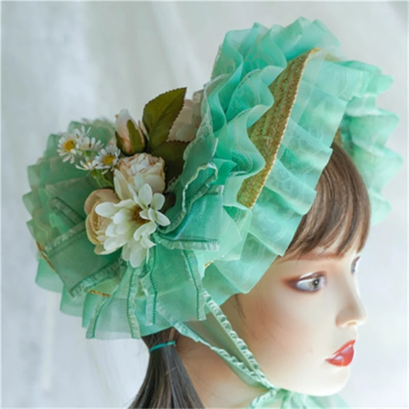 Handmade SunHat Lace Decorated Courtly Style Tea Party for Lolita Women Court Miss Straw Hat SunHat with Ribbon