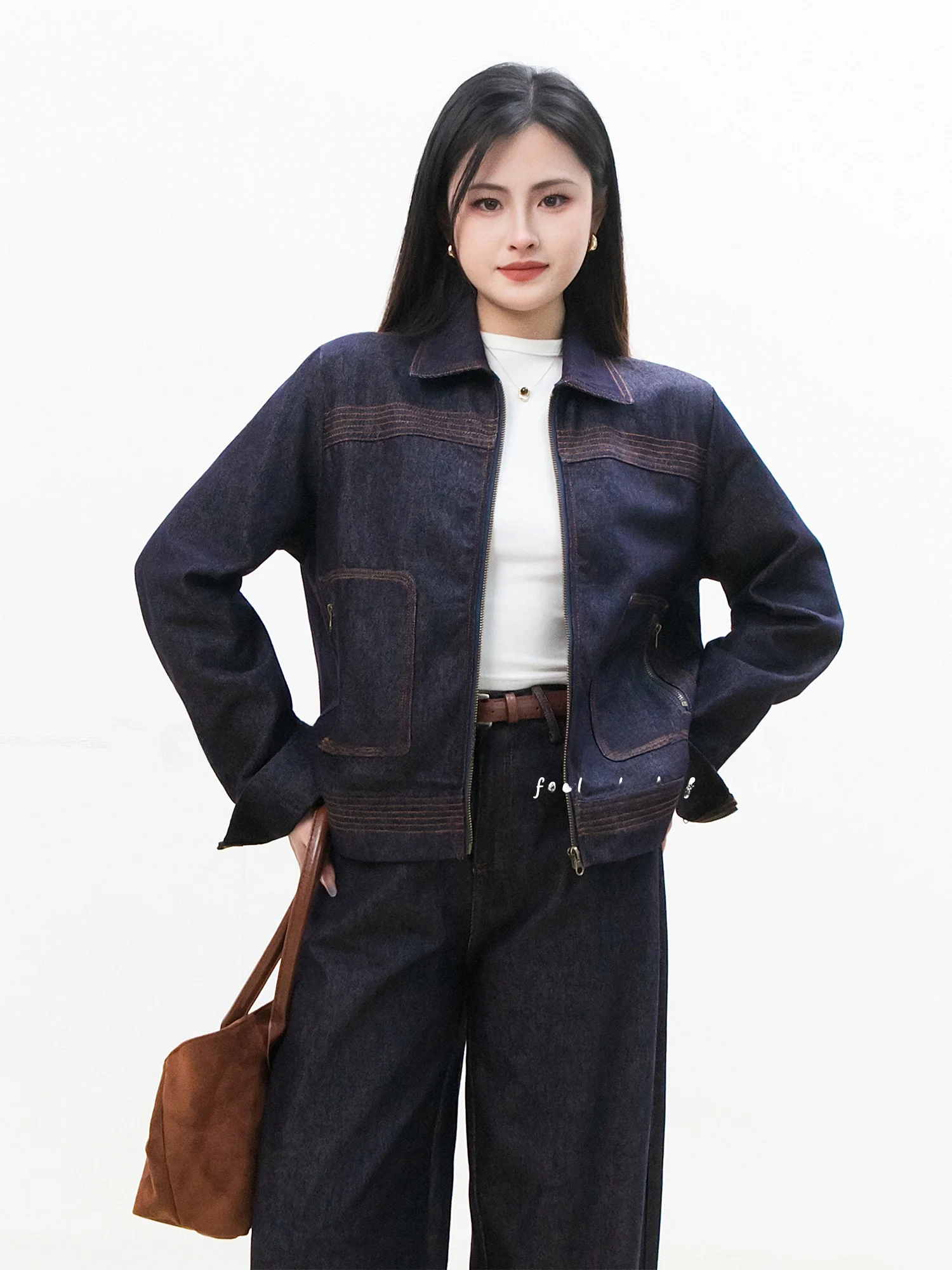 

Chelzy American Retro Denim Jaet And Wide Leg Pants Set Women's Spring Autumn Faion Loose Casual Two Piece Set