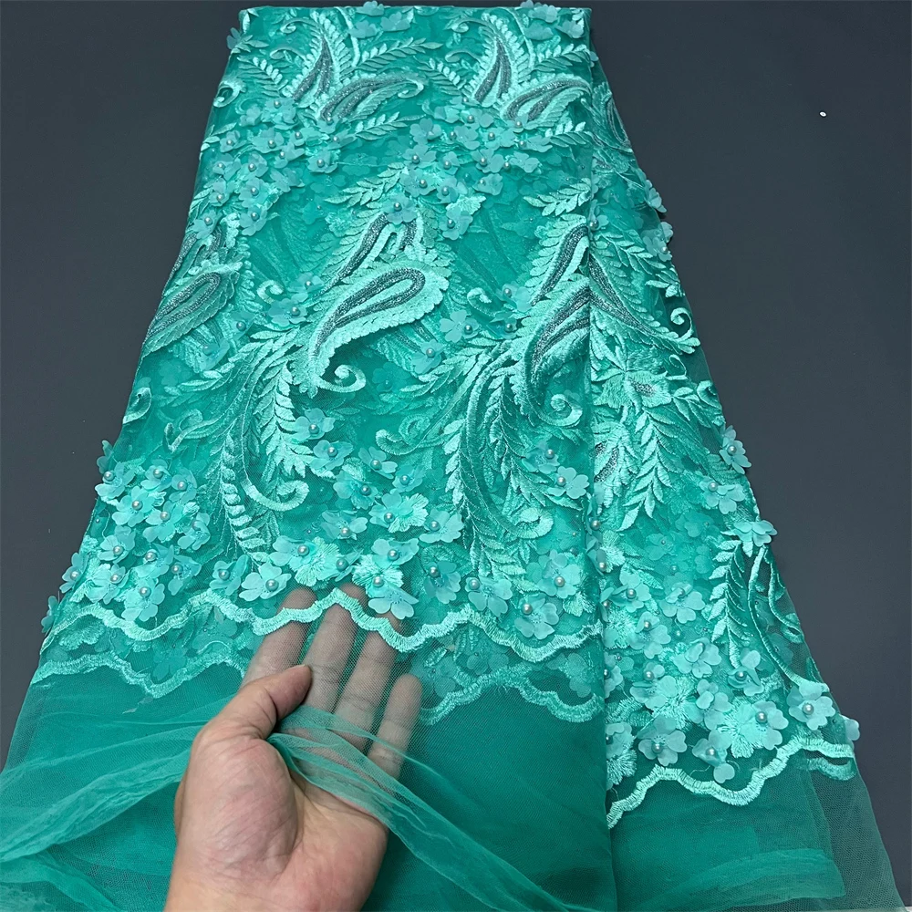 

2025 African Nigerian High-Quality Sequins Tulle Lace Fabric for Prom Dresses Beads Embroidery Sewing Net Cloth 5Yard ZJ073