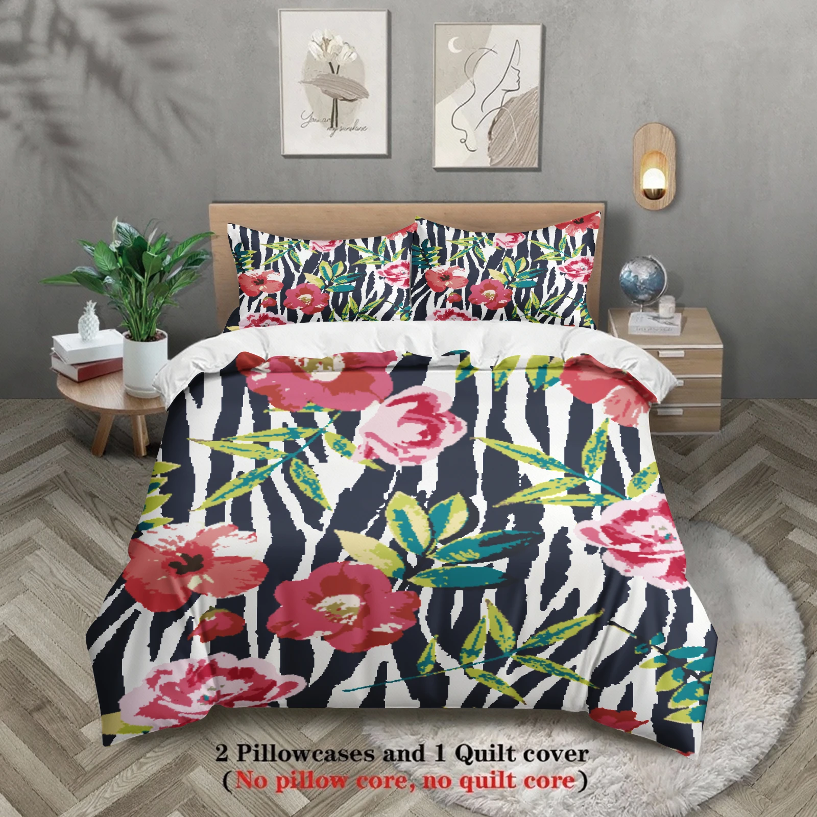 3pcs Floral Zebra Stripe Bedding Sets Modern Style Watercolor Printed Soft Twin Queen King Size Duvet Cover With 2 Pillowcases