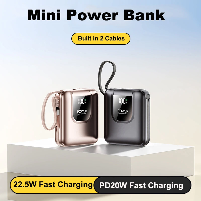 

Mini Power Bank 20000mAh Built in Cable Portable Charger 22.5W Fast Charging External Battery For iPhone 17 16 Xiaomi Powerbank