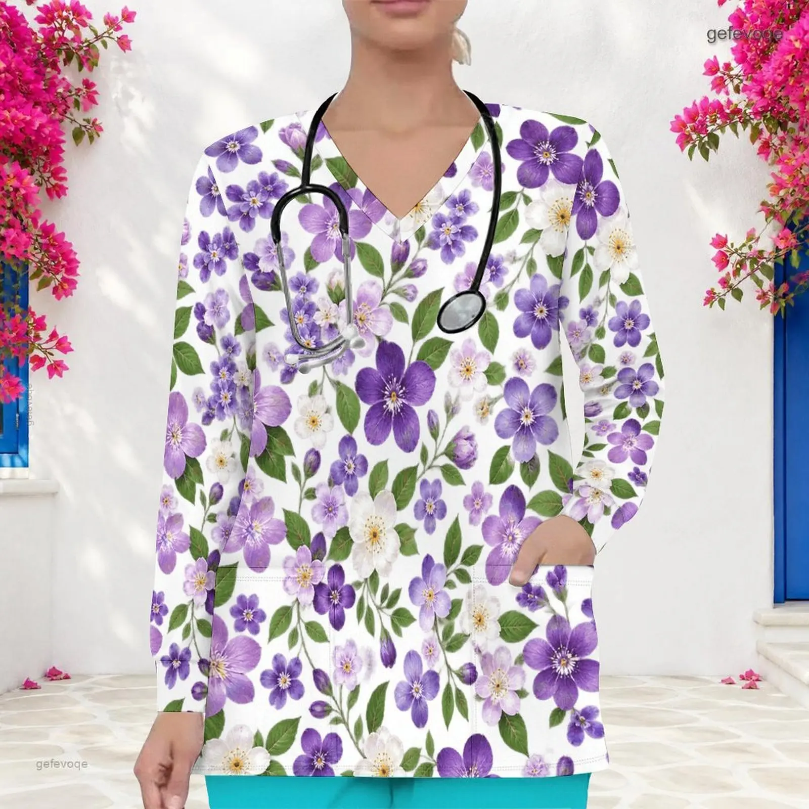 Women Purple White Floral Printed V Neck Long Sleeve Scrub Top with Front Pockets