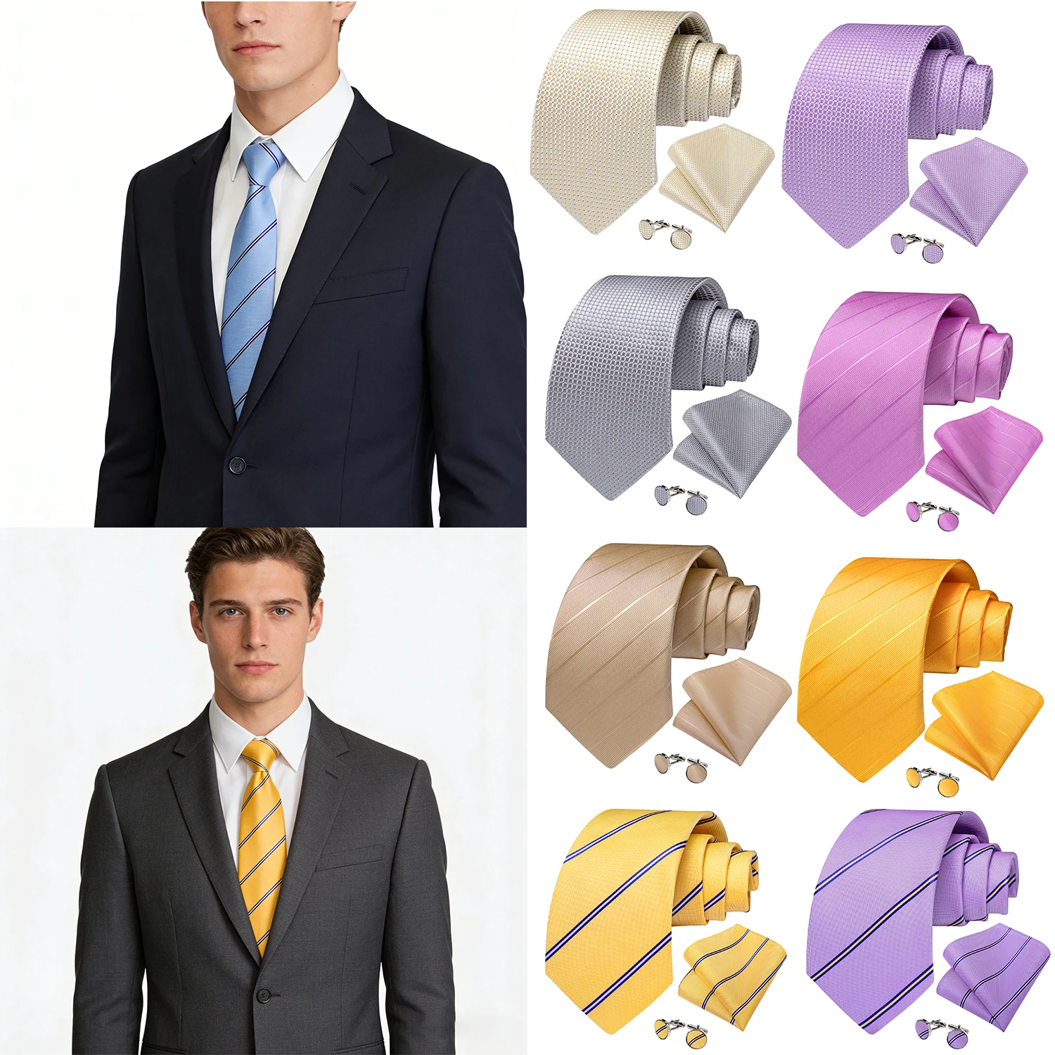 Formal Striped Men's Ties Gray Blue Pink Wedding Accessories Neck Tie Set Handkerchief Cufflinks Gift For Men