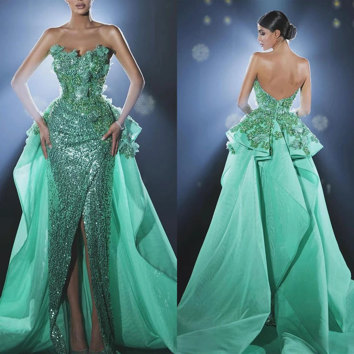 Luxury Mermaid Evening Dresses Sequins Lace Appliques Special Occasion Gowns Custom Made Backless Sweep Train Prom Dress