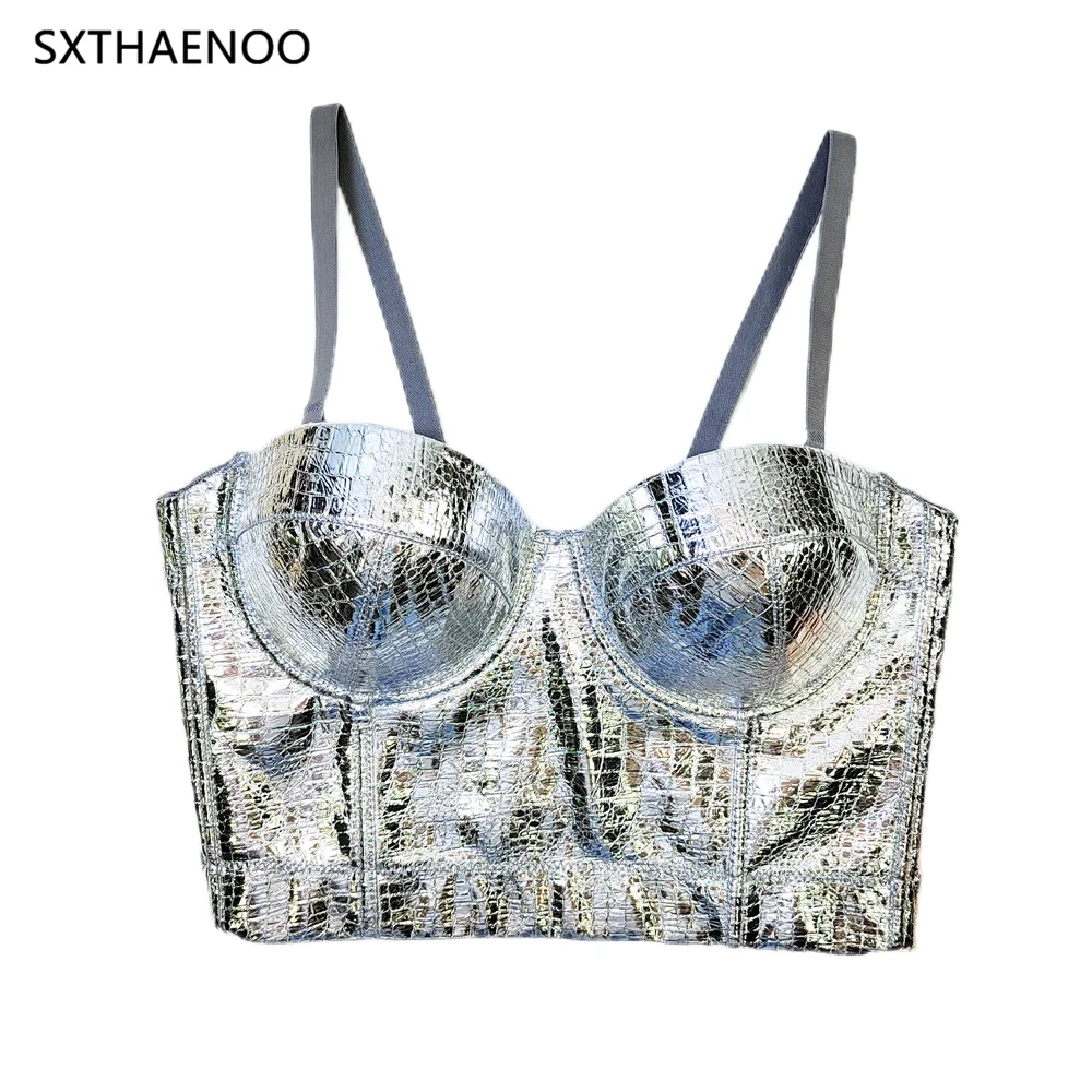 SXTHAENOO 2025 Women Fashion Sexy Jaw Pattern Bustier Back Buckle Crop Corset PU Leather Top Y2K Clothes High Street Party Club