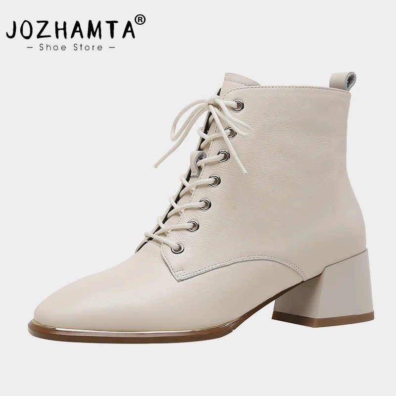 JOZHAMTA Size 33-40 Women Real Leather Shoes For Women Ankle Boots High Heels Shoes Fashion Platform Lace Up Zipper Short Boots