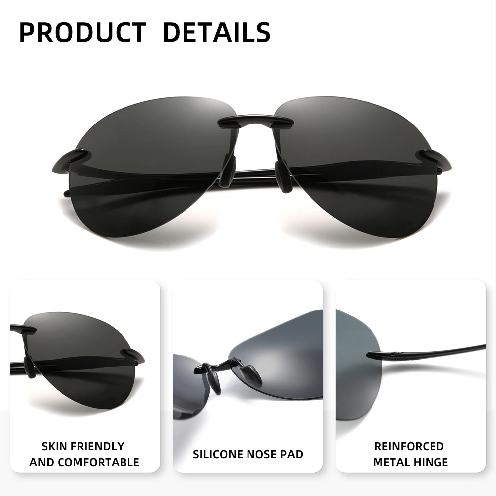 Pilot Polarized Sunglasses Super Light Brand Designer Sun Glasses Rimless Gafas Men Eyewear Light Weight