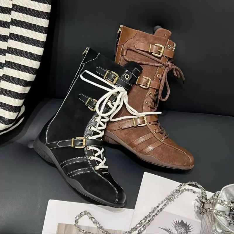 

Новейшие короткие сапоги рыцаря в стиле ретро 2024, женские осенне-зимние ботинки в стиле вестерн на толстой подошве со шнуровкой, нишевые женские ботинки на низком каблуке