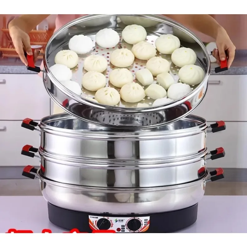 Large Electric Steamer Commercial Plug-in, Thermal Insulation Stainless Steel Self-power-off, Three-layer Steamed Steamed Buns