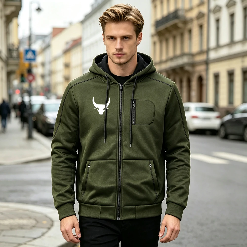 Men's Full Zip Up Drawstring Hoodie Jacket Chest Zipper Pocket Casual Long Sleeve Bull Head Silhouette Print For Daily Workout