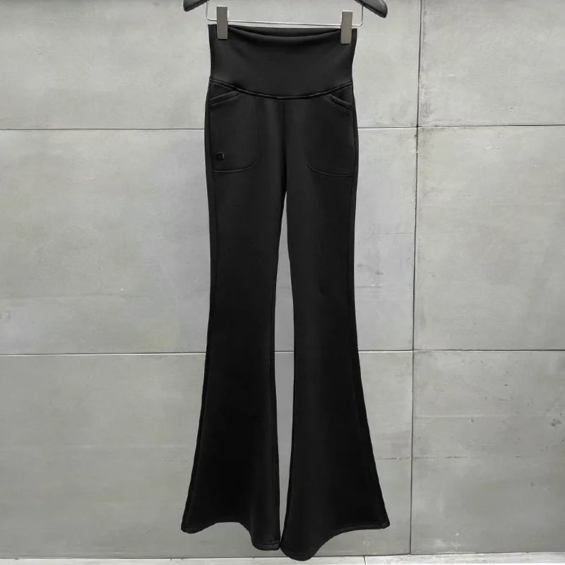 

Женские удобные дышащие спортивные брюки с высокой талией, на флисовой подкладке, облегающие, повседневные, для йоги, осенне-зимние, черные, расклешенные