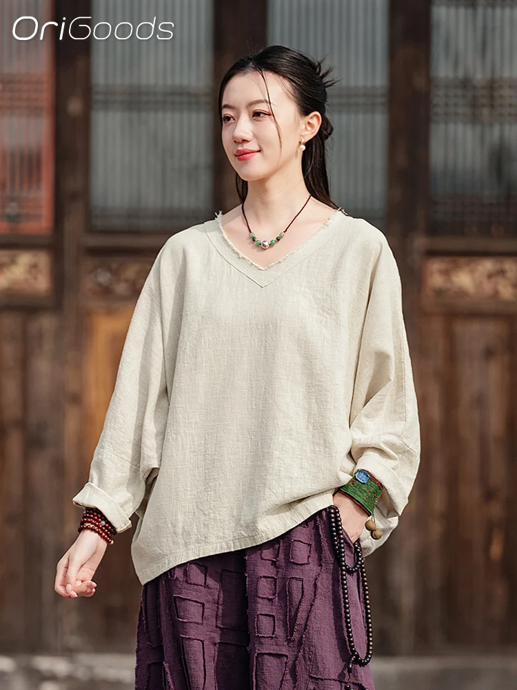 

OriGoods OVERSIZED Shirt Women V-neck Batwing Sleeve Beige Army Green Oversized Blouse Woman 2025 Spring Summer New Tops C104